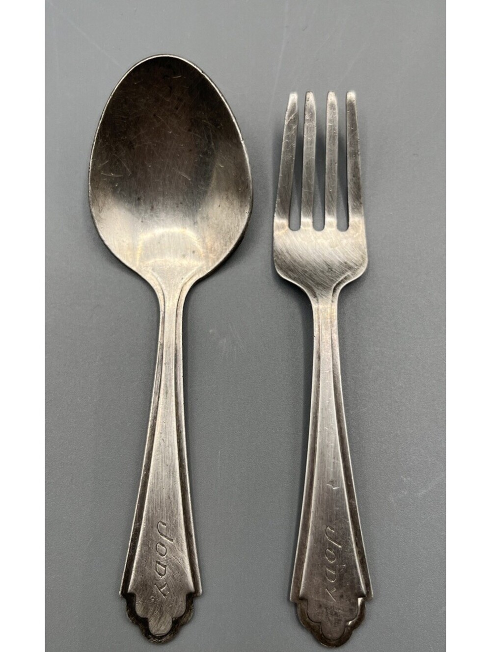 Vintage Rosebud Sterling Silver Baby Fork Spoon Set Monogram Pattern RBU1 Plain